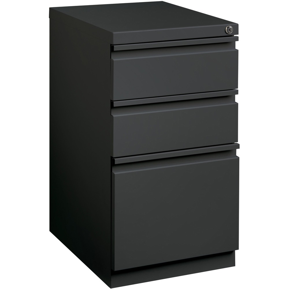 LLR66909 - Mobile pedestal file features a high-sided file drawer with full extension for great access to your frequently accessed files. Design also features two box drawers so you have plenty of space to store supplies. Steel ball-bearing, drawer suspension delivers smooth drawer opening and closing. Factory-installed, core-removable lock keeps your letter-size files secure. Drawer pull extends across the entire, recessed drawer front for easy access. Casters are hidden from view and move the pedestal easily when necessary. Steel pedestal offers a 19-7/8" depth to slide easily into your cubicle or other office configuration. Mobile pedestal file with a charcoal finish meets or exceeds applicable ANSI/BIFMA standards. More from the Manufacturer