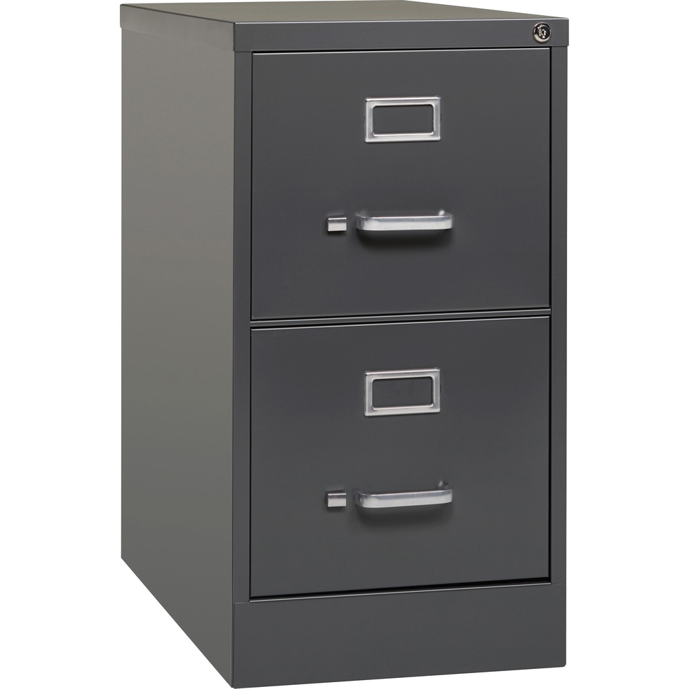 LLR66911 - Commercial-grade vertical file features two high-sided drawers that accommodate letter-size, hanging file folders without additional accessories. Slide suspension allows maximum drawer extension. Steel ball bearings provide smooth, quiet drawer performance. Even fully loaded, these drawers open with ease. Adjustable wire followers keep files upright. 26-1/2" deep vertical file also features a core-removable lock for security, aluminum label holders for easy referencing, convenient pull handles and heavy-gauge steel construction with recycled content. Vertical file meets or exceeds ANSI/BIFMA industry standards. More from the Manufacturer