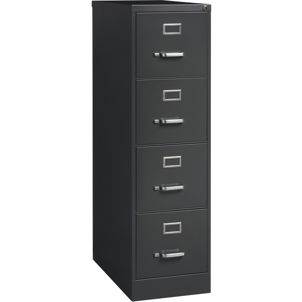 LLR66912 - Commercial-grade vertical file features four high-sided drawers that accommodate letter-size, hanging file folders without additional accessories. Slide suspension allows maximum drawer extension. Steel ball bearings provide smooth, quiet drawer performance. Even fully loaded, these drawers open with ease. Adjustable wire followers keep files upright. 26-1/2" deep vertical file also features a core-removable lock for security, aluminum label holders for easy referencing, convenient pull handles and heavy-gauge steel construction with recycled content. Vertical file meets or exceeds ANSI/BIFMA industry standards. More from the Manufacturer