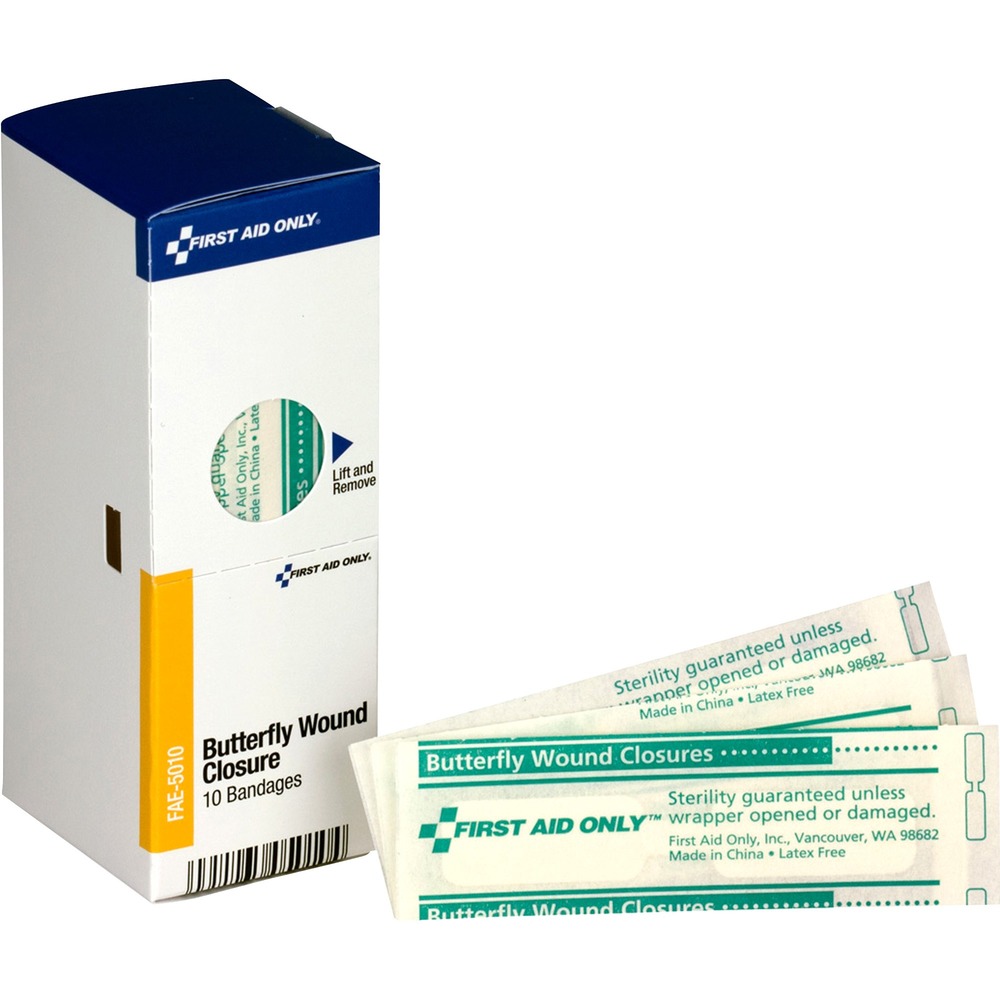 FAOFAE5010 - Close and secure small cuts and incisions with these butterfly wound closures to avoid stitches for minor cuts. Each strip is designed to hold the skin tightly together without sticking to the wound itself to promote a faster healing time. Closures come individually wrapped in a convenient dispenser box. The box is designed to fit securely into place in all of the First Aid Only Workplace and Foodservice Cabinets. It also includes a SmartTab ezRefill indicator tab that alerts you when it's time to reorder.