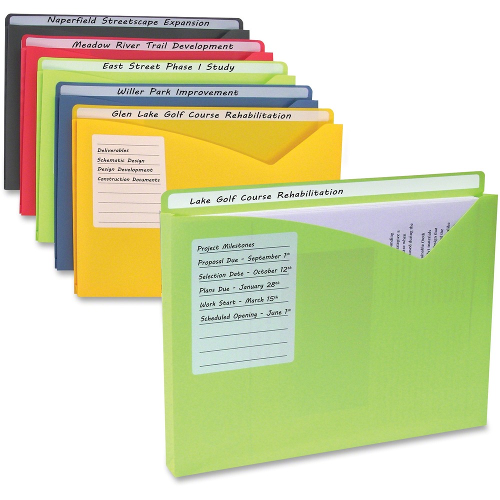CLI63060 - Expanding poly file folders make big filing jobs easier. Full-length tab and area on front allow easy identification of folder contents, thanks to write-on technology that works with pencil, ballpoint pen or permanent marker. Designer V-cut front provides convenient access to documents inside. Bright colors make it easy to find the folder you need with an assortment of amber orange, lime green, charcoal gray, raspberry red and steel blue. Folder is sealed on three sides and features a 1" expansion to hold up to 225 sheets.