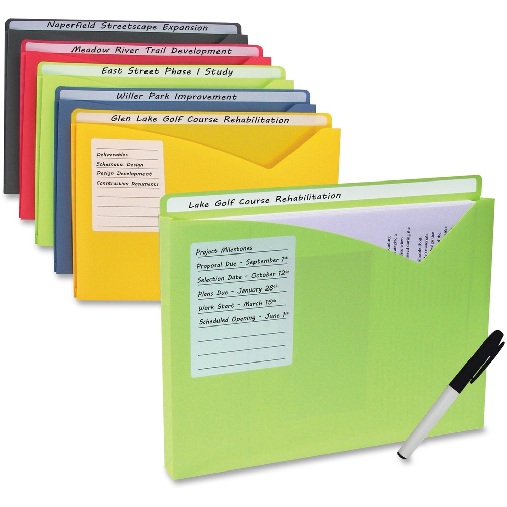 CLI63160 - Expanding poly file folders make big filing jobs easier. Full-length tab and area on front allow easy identification of folder contents, thanks to write-on technology that works with pencil, ballpoint pen or permanent marker. Designer V-cut front provides convenient access to documents inside. Bright colors make it easy to find the folder you need with an assortment of amber orange, lime green, charcoal gray, raspberry red and steel blue. Folder is sealed on three sides and features a 1" expansion to hold up to 225 sheets.