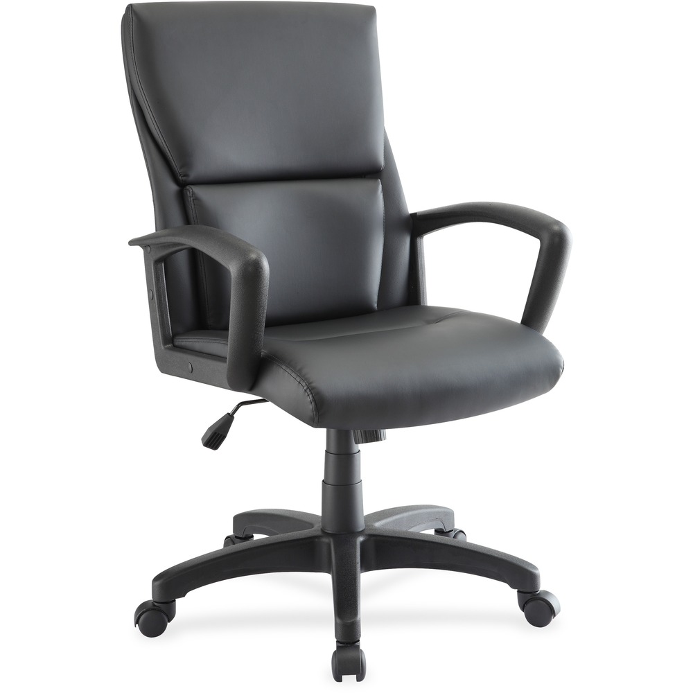 LLR84570 - Executive mid-back chair features a European-inspired design with stylish and comfortable bonded leather and black PVC poly fixed arms. Functions include pneumatic seat-height adjustment from 17-3/4" to 21-1/2" , 360-degree swivel, tilt and tilt tension. 27-3/5" diameter, five-star nylon base is equipped with 50mm, hooded, dual-wheel casters for easy mobility. Weight capacity is 275 lb. Seat measures 20" wide x 18-1/4" deep. Back size is 20" wide x 22" high.