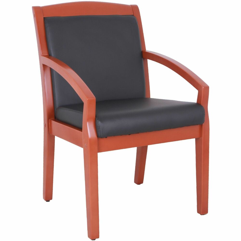 LLR20014 - Guest chair offers an elegant solution for guest seating with a wood frame and black bonded leather upholstery on the 3-1/3" thick seat cushion and 1-32/33" thick back cushion. Solid wood frame with heavy-duty stain finish provides durability and strength. Frame is made of rubber wood for a uniform texture and light luster. This kind of wood is not easy to crack in dry areas. Fully assembled chair also features fixed, sloping arms and a four-leg base with the back legs slightly arched for better stability. Nonskid base includes levelers for uneven floors. Weight capacity is 275 lb. Seat measures 20-1/8" wide x 17-3/8" deep. Back size is 21-5/8" wide x 15-1/3" high.