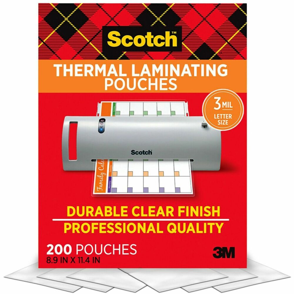 MMMTP3854200 - Laminating pouches are designed for use with the 3M Scotch Thermal Laminator or any standard, thermal-pouch laminator. Pouches provide instant, two-sided protection for frequently handled or referred to items. Photo-safe pouches are clear to let important information show through with a professional finish. Preserve and protect documents, awards, signs, calendars, certificates, children's artwork, schedules and more. More from the Manufacturer