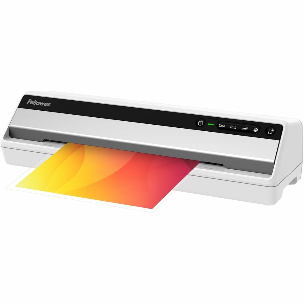 FEL5736601 - Laminator features a rapid, one-minute warm-up with InstaHeat Technology. The 12-1/2" entry width accommodates multiple document sizes. Saturn3i 125 Laminator delivers hot lamination for 3 mil or 5 mil and cold setting for self-adhesive pouches. It laminates 12" per minute for a fast experience. Green light and audible beep indicate when machine is ready to laminate. Release lever disengages pouch for re-centering or removal. Pouch Tracking System detects and alerts the user if there is a misfeed. Auto shutoff saves energy and prevents overheating. Laminator includes a laminating starter kit. More from the Manufacturer