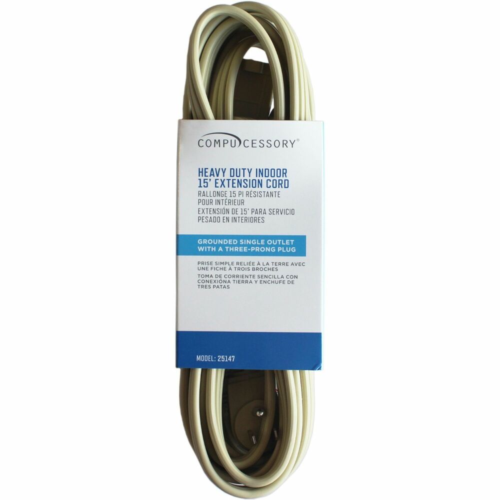 CCS25147 - This 15' indoor extension cord features a grounded single-outlet with a three-prong plug. 14-gauge cord manages up to 15 amps, 125 volts and 1,875 watts. UL listed.