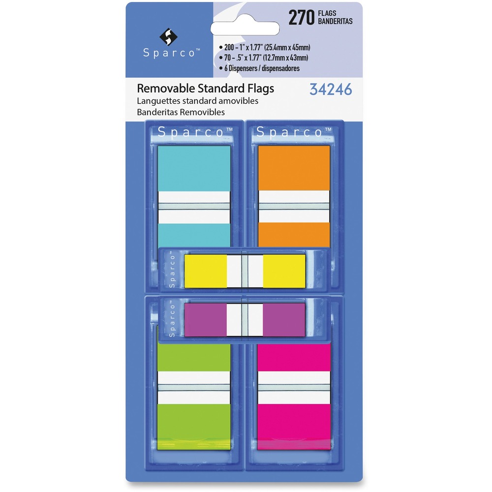 SPR34246 - Call attention to details and color-code your documents with these page flags. Pop-up dispenser makes marking pages easy and allows easy access. Write on, reposition and remove these self-adhesive page flags without damaging your document.