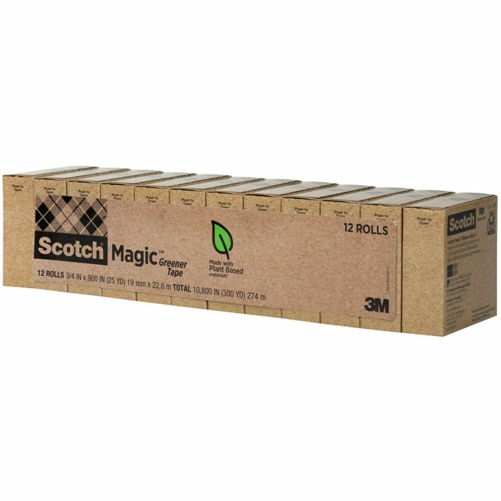 MMM81212P - Scotch Magic Greener Tape is an even more environmentally friendly version of the original matte finish, invisible tape containing recycled or plant-based material. It disappears on most papers so it's easy to scan and read documents. This versatile tape is ideal for permanent paper mending and many other uses. It pulls off the roll smoothly, cuts easily and resists splitting and tearing. It will not dry out or yellow. Write on it with pen, pencil or marker. Tape is also photo-safe (determined in accordance with ISO Standard 18916). More from the Manufacturer