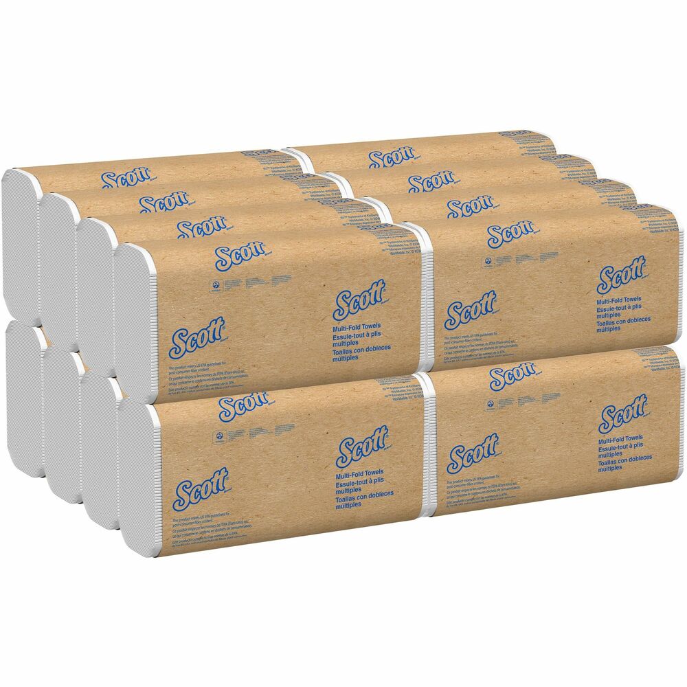 KCC01807 - Scott Multifold Paper Towels are packed in a space-saving case to create a compact storage solution. When your office restroom or kitchen needs commercial paper towels, these Scott Multifold Paper Towels are an economical choice. Absorbency Pockets soak up water fast to use fewer paper towels and help reduce waste. They fit into any universal dispenser (not included) for tri-fold or multifold towels. They meet EPA guidelines for minimum post-consumer waste content, are made of recycled fibers and are FSC and EcoLogo certified. These paper towels are part of Kimberly-Clark Professional's Responsible Partners program designed to reach these sustainability goals: lighten collective footprint, enhance product efficiencies, transport in an environmentally responsible way and reduce greenhouse gas emissions (GHG). More from the Manufacturer