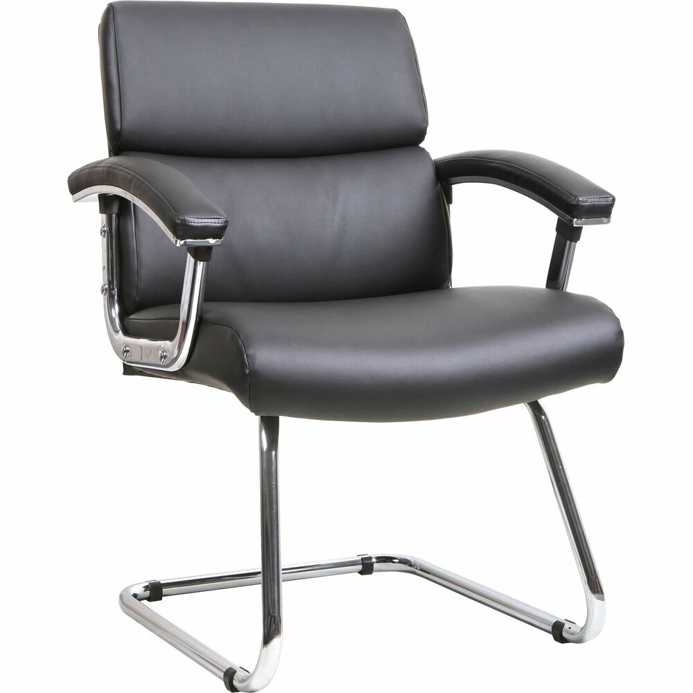 LLR20019 - Vuelo Modern Guest Chair features bonded leather upholstery over thickly cushioned seating for deluxe comfort and style. Fixed chrome steel arms also feature a soft upholstery pad. Sled base is made of steel with a shiny chrome finish. Weight capacity is 250 lb. Seat measures 19-1/8" wide x 17-3/4" deep x 18-1/8" high. Back dimensions are 20-1/14" wide x 22-1/4" high.