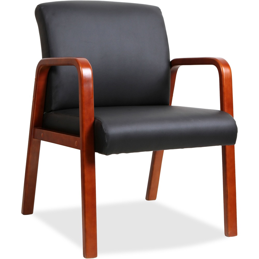 LLR40200 - Guest chair offers ideal guest seating with thick cushions, a wood frame and black bonded leather upholstery. Seat cushion is 3-16/17" thick while the back cushion is about 4-3/4" thick. Solid wood frame features front and back crossbars under seat for extra durability and strength. Four-leg, nonskid base is equipped with adjustable leg sliders for leg leveling. Chair also features fixed armrests to add to your comfort. Weight capacity is 275 lb. Seat measures 20-7/8" wide x 17-3/8" deep. Back size is 20-7/8" wide x 15-3/4 high.