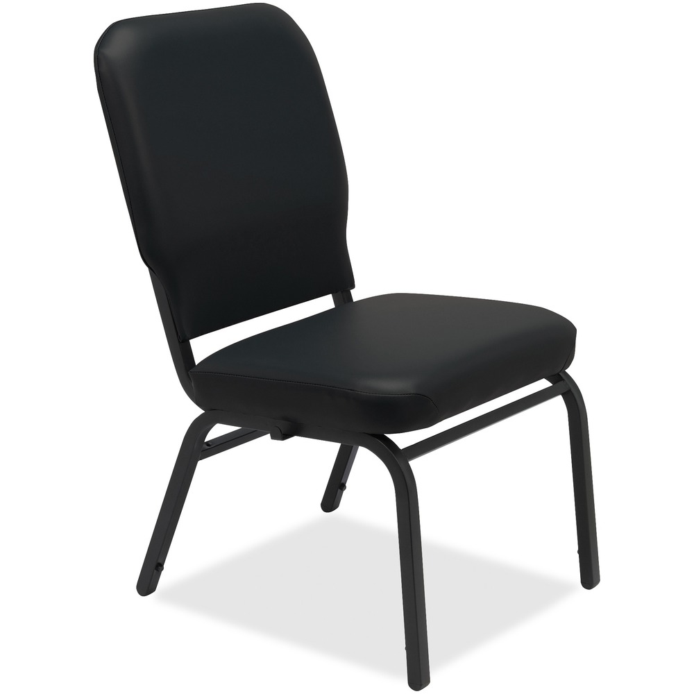LLR59596 - Oversized stack chairs are weight-tested to hold 500 lb. to accommodate all visitors or participants. 3-1/2" thick seat and back are upholstered in antimicrobial vinyl to protect the product from germs and prolong its life. Seat measures 21" wide x 15" deep. Back size is 20-1/2" wide x 19-1/2" high. Durable, 18-gauge steel frame with four-leg base is powder-coated in black for durability. Armless chairs stack five high.