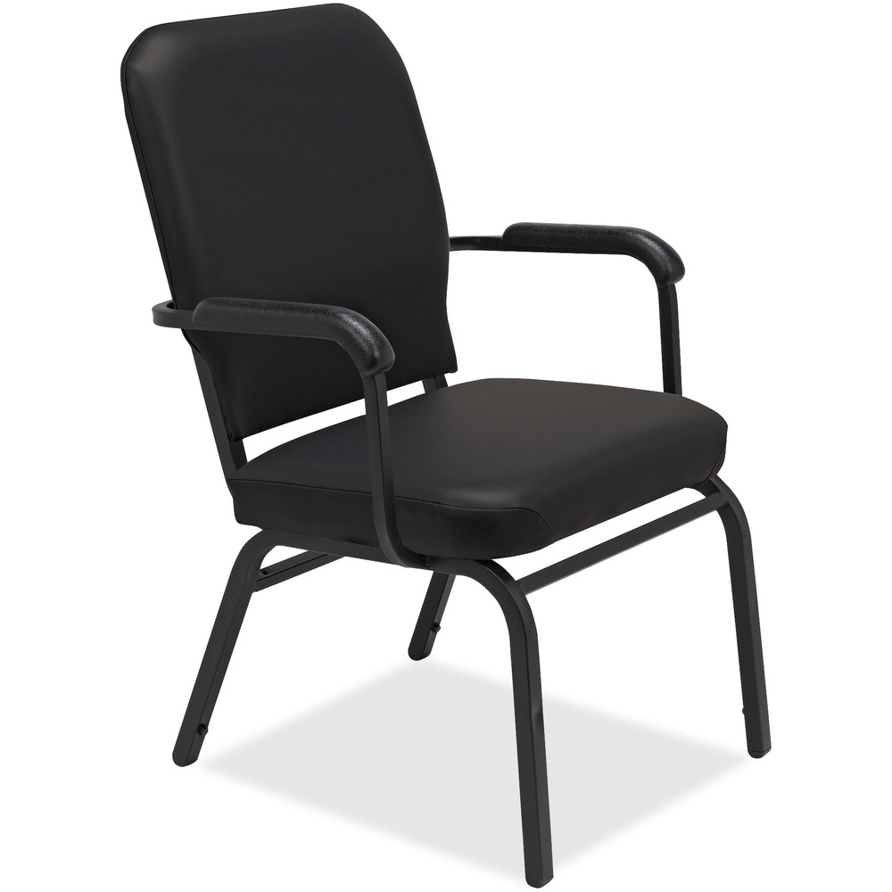LLR59600 - Oversized stack chairs with fixed, nylon-covered arms are weight-tested to hold 500 lb. to accommodate all visitors or participants. 3-1/2" thick seat and back are upholstered in antimicrobial vinyl to protect the product from germs and prolong its life. Seat measures 21" wide x 15" deep while the back size is 20-1/2" wide x 19-1/2" high. Durable, 18-gauge steel frame with four-leg base is powder-coated in black for durability. Chairs stack five high.
