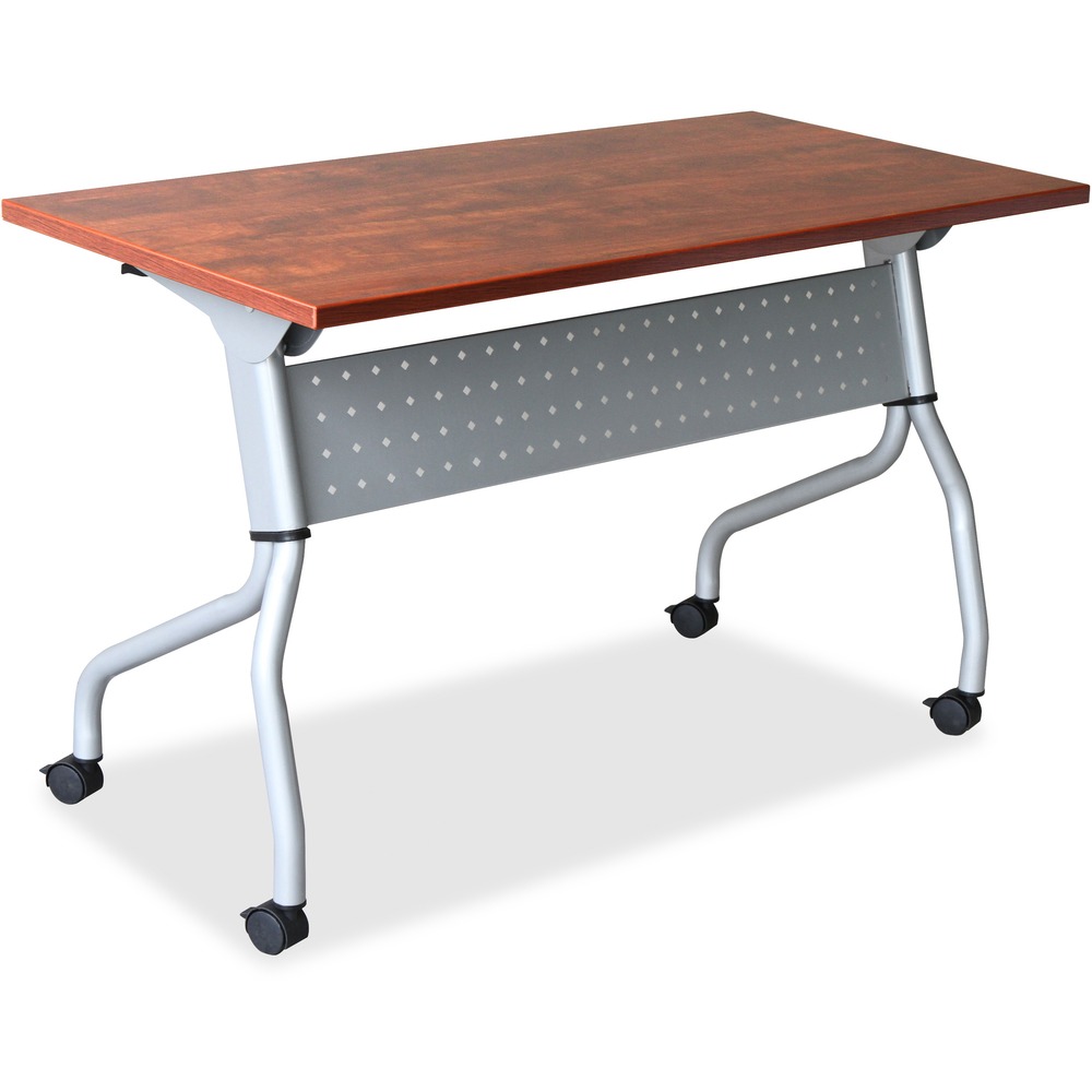 LLR60720 - Versatile training table offers flexible configurations and convenient storage. Use individually or secure together into rows with a reliable metal connector (sold separately). Cherry top flips up for easy storage without having to remove the connector. Top features a melamine surface with a 3mm PVC straight edge. Two grommets allow easy cord management. Four-leg, all-metal silver base features a one-way fold and modesty panel. Table rolls easily on four nylon casters with brakes.