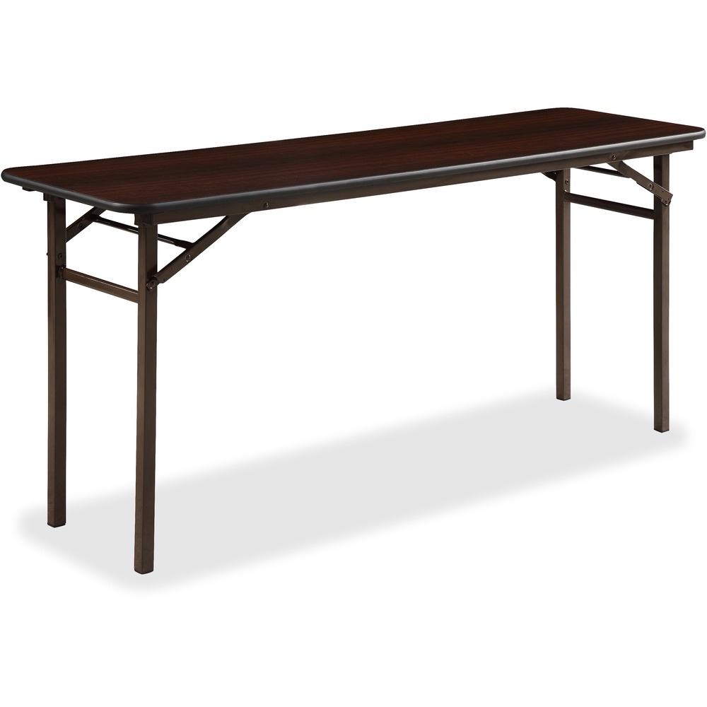 LLR60725 - Folding banquet table offers a convenient 18" width for easy access to a spread of food or interactive presentations. Mahogany melamine top is 5/8" thick. Coil steel frame features a powder-coat finish for durability.