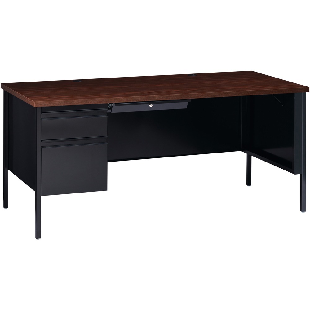 LLR60918 - 66" wide single-pedestal desk is part of the Lorell Fortress Series, a practical and professional desk solution ideal for business, government and educational offices. Use this left-pedestal desk with a Fortress right return for L-shaped configurations. Both have 3/4-height modesty panels for seamless lines. High-performance steel construction stands up to rigorous daily use. The 1-1/8" thick top with square edges features a Walnut laminate surface that is scratch-resistant, stain-resistant and water-resistant. Desk design also features a box/file pedestal on the left. Both drawers lock and offer full-extension, ball-bearing slides and full-width, integrated drawer pulls. File drawer accommodates letter-size files. Central-locking center drawer features a core-removable lock. Two grommets allow easy cord management. Reinforced, double-frame inner structure keeps desk solid and sturdy for years of use. Steel desk in black meets or exceeds ANSI/BIFMA standards.