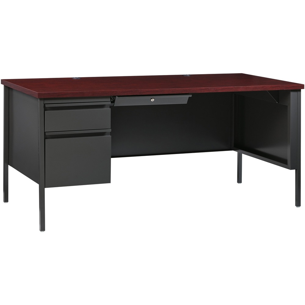 LLR60919 - 66" wide single-pedestal desk is part of the Lorell Fortress Series, a practical and professional desk solution ideal for business, government and educational offices. Use this left-pedestal desk with a Fortress right return for L-shaped configurations. Both have 3/4-height modesty panels for seamless lines. Durable, high-performance steel construction stands up to rigorous daily use. The 1-1/8" thick top with square edges features a Mahogany laminate surface that is scratch-resistant, stain-resistant and water-resistant. Desk design also features a box/file pedestal on the left. Both drawers lock and offer full-extension, ball-bearing slides and full-width, integrated drawer pulls. File drawer accommodates letter-size files. Central-locking center drawer features a core-removable lock. Two grommets allow easy cord management. Reinforced, double-frame inner structure keeps desk solid and sturdy for years of use. Steel desk in a charcoal color meets or exceeds ANSI/BIFMA standards.