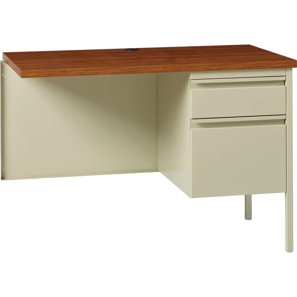 LLR60920 - Right-pedestal return is part of the Lorell Fortress Series, a practical and professional desk solution ideal for business, government and educational offices. Use this right-pedestal return with a Fortress left-pedestal desk for L-shaped configurations. Both have 3/4-height modesty panels for seamless lines. Durable, high-performance steel construction stands up to rigorous daily use. The 1-1/8" thick top with square edges features an Oak laminate surface that is scratch-resistant, stain-resistant and water-resistant. Design also features a box/file pedestal on the right. Both drawers offer full-extension, ball-bearing slides and full-width, integrated drawer pulls. File drawer accommodates letter-size files. Center grommet allows easy cord management. Reinforced, double-frame inner structure keeps desk solid and sturdy for years of use. Steel return in a putty color meets or exceeds ANSI/BIFMA standards.