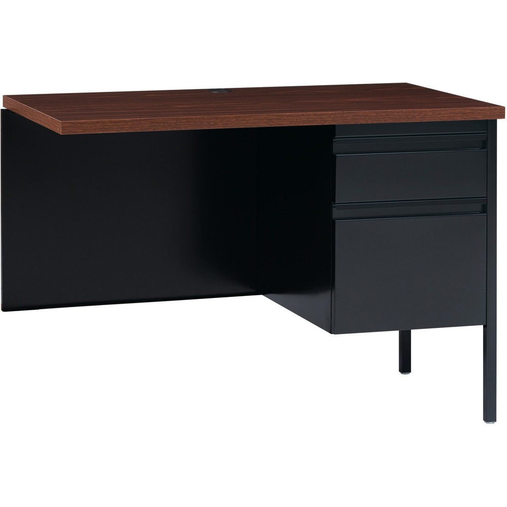 LLR60921 - Right-pedestal return is part of the Lorell Fortress Series, a practical and professional desk solution ideal for business, government and educational offices. Use this right-pedestal return with a Fortress left-pedestal desk for L-shaped configurations. Both have 3/4-height modesty panels for seamless lines. Durable, high-performance steel construction stands up to rigorous daily use. The 1-1/8" thick top with square edges features a Walnut laminate surface that is scratch-resistant, stain-resistant and water-resistant. Design also features a box/file pedestal on the right. Both drawers offer full-extension, ball-bearing slides and full-width, integrated drawer pulls. File drawer accommodates letter-size files. Center grommet allows easy cord management. Reinforced, double-frame inner structure keeps desk solid and sturdy for years of use. Steel return in black meets or exceeds ANSI/BIFMA standards.