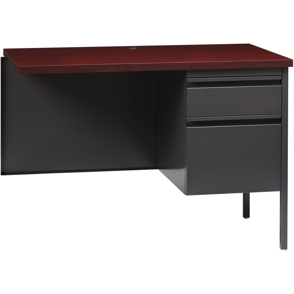 LLR60922 - Right-pedestal return is part of the Lorell Fortress Series, a practical and professional desk solution ideal for business, government and educational offices. Use this right-pedestal return with a Fortress left-pedestal desk for L-shaped configurations. Both have 3/4-height modesty panels for seamless lines. Durable, high-performance steel construction stands up to rigorous daily use. The 1-1/8" thick top with square edges features a Mahogany laminate surface that is scratch-resistant, stain-resistant and water-resistant. Design also features a box/file pedestal on the right. Both drawers offer full-extension, ball-bearing slides and full-width, integrated drawer pulls. File drawer accommodates letter-size files. Center grommet allows easy cord management. Reinforced, double-frame inner structure keeps desk solid and sturdy for years of use. Steel return in a charcoal color meets or exceeds ANSI/BIFMA standards.