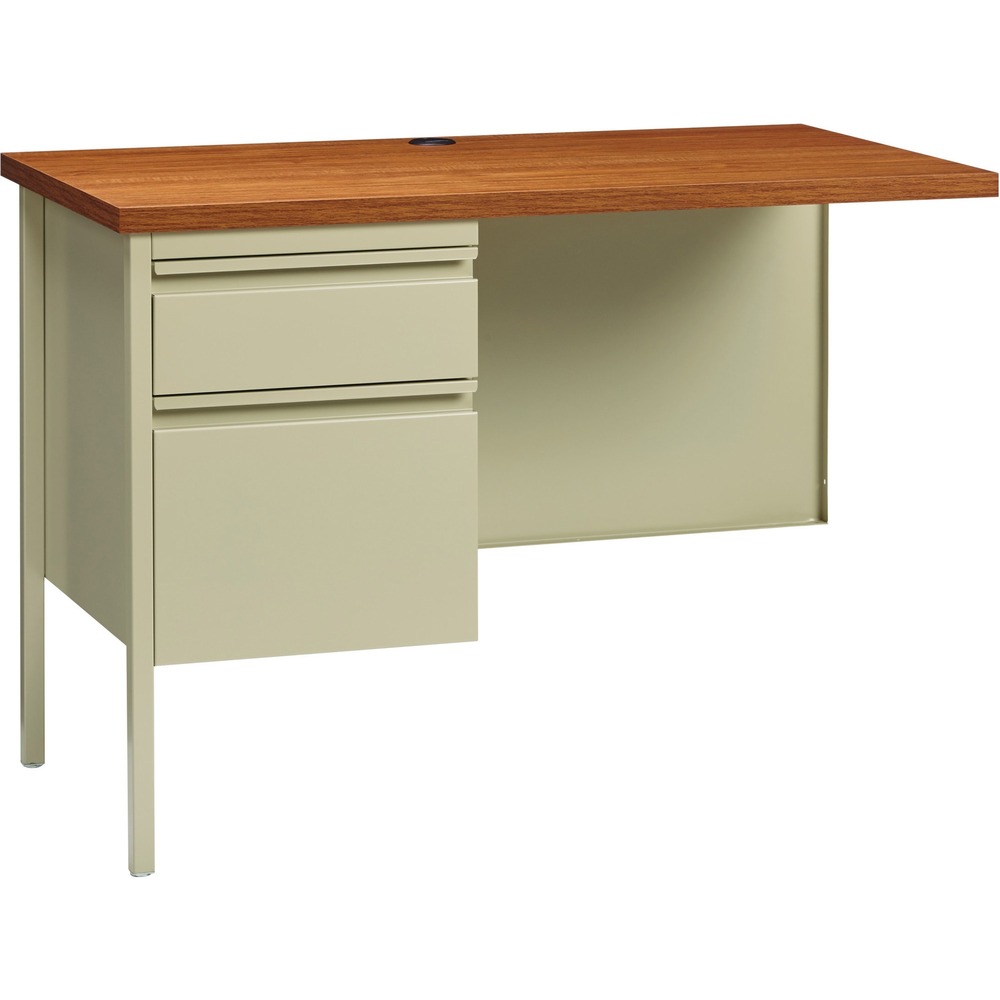 LLR60923 - Left-pedestal return is part of the Lorell Fortress Series, a practical and professional desk solution ideal for business, government and educational offices. Use this left-pedestal return with a Fortress right-pedestal desk for L-shaped configurations. Both have 3/4-height modesty panels for seamless lines. Durable, high-performance steel construction stands up to rigorous daily use. The 1-1/8" thick top with square edges features an Oak laminate surface that is scratch-resistant, stain-resistant and water-resistant. Design features a box/file pedestal on the left. Both drawers offer full-extension, ball-bearing slides and full-width, integrated drawer pulls. File drawer accommodates letter-size files. Center grommet allows easy cord management. Reinforced, double-frame inner structure keeps desk solid and sturdy for years of use. Steel return in a putty color meets or exceeds ANSI/BIFMA standards.
