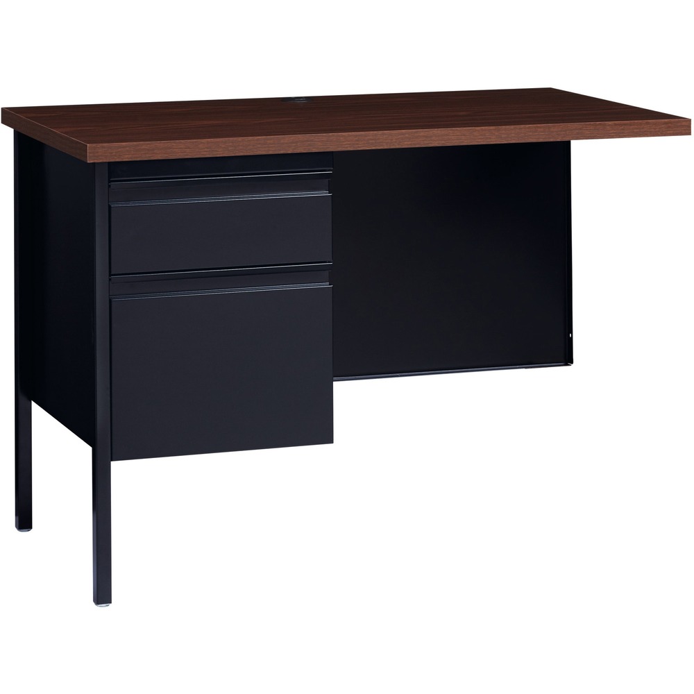 LLR60924 - Left-pedestal return is part of the Lorell Fortress Series, a practical and professional desk solution ideal for business, government and educational offices. Use this left-pedestal return with a Fortress right-pedestal desk for L-shaped configurations. Both have 3/4-height modesty panels for seamless lines. Durable, high-performance steel construction stands up to rigorous daily use. The 1-1/8" thick top with square edges features a Walnut laminate surface that is scratch-resistant, stain-resistant and water-resistant. Design features a box/file pedestal on the left. Both drawers offer full-extension, ball-bearing slides and full-width, integrated drawer pulls. File drawer accommodates letter-size files. Center grommet allows easy cord management. Reinforced, double-frame inner structure keeps desk solid and sturdy for years of use. Steel return in black meets or exceeds ANSI/BIFMA standards.
