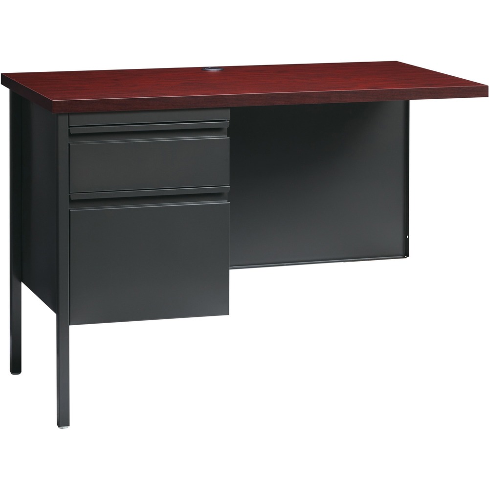 LLR60925 - Left-pedestal return is part of the Lorell Fortress Series, a practical and professional desk solution ideal for business, government and educational offices. Use this left-pedestal return with a Fortress right-pedestal desk for L-shaped configurations. Both have 3/4-height modesty panels for seamless lines. Durable, high-performance steel construction stands up to rigorous daily use. The 1-1/8" thick top with square edges features a Mahogany laminate surface that is scratch-resistant, stain-resistant and water-resistant. Design features a box/file pedestal on the left. Both drawers offer full-extension, ball-bearing slides and full-width, integrated drawer pulls. File drawer accommodates letter-size files. Reinforced, double-frame inner structure keeps desk solid and sturdy for years of use. Steel return in a charcoal color meets or exceeds ANSI/BIFMA standards.