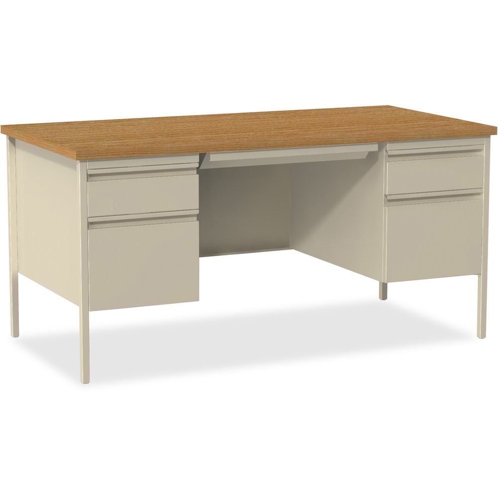 LLR60926 - Double-pedestal desk is part of the Lorell Fortress Series, a practical and professional desk solution ideal for business, government and educational offices. Durable, high-performance steel construction stands up to rigorous daily use. The 1-1/8" thick top with square edges features an Oak laminate surface that is scratch-resistant, stain-resistant and water-resistant. Design also features a 3/4-height modesty panel and box/file pedestal on both sides. Drawers lock and offer full-extension, ball-bearing slides and full-width, integrated drawer pulls. File drawers accommodate letter-size files. Central-locking center drawer features a core-removable lock. Two grommets offer easy cord management. Reinforced, double-frame inner structure keeps desk solid and sturdy for years of use. Steel desk in a putty color meets or exceeds ANSI/BIFMA standards.