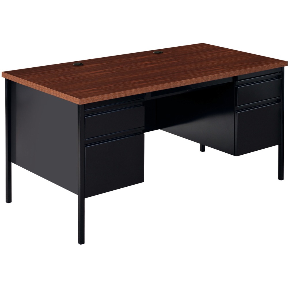 LLR60927 - Double-pedestal desk is part of the Lorell Fortress Series, a practical and professional desk solution ideal for business, government and educational offices. Durable, high-performance steel construction stands up to rigorous daily use. The 1-1/8" thick top with square edges features a Walnut laminate surface that is scratch-resistant, stain-resistant and water-resistant. Design also features a 3/4-height modesty panel and box/file pedestal on both sides. Drawers lock and offer full-extension, ball-bearing slides and full-width, integrated drawer pulls. File drawers accommodate letter-size files. Central-locking center drawer features a core-removable lock. Two grommets offer easy cord management. Reinforced, double-frame inner structure keeps desk solid and sturdy for years of use. Steel construction and laminate top make the desk easy to clean and disinfect. Steel desk in black meets or exceeds ANSI/BIFMA standards.
