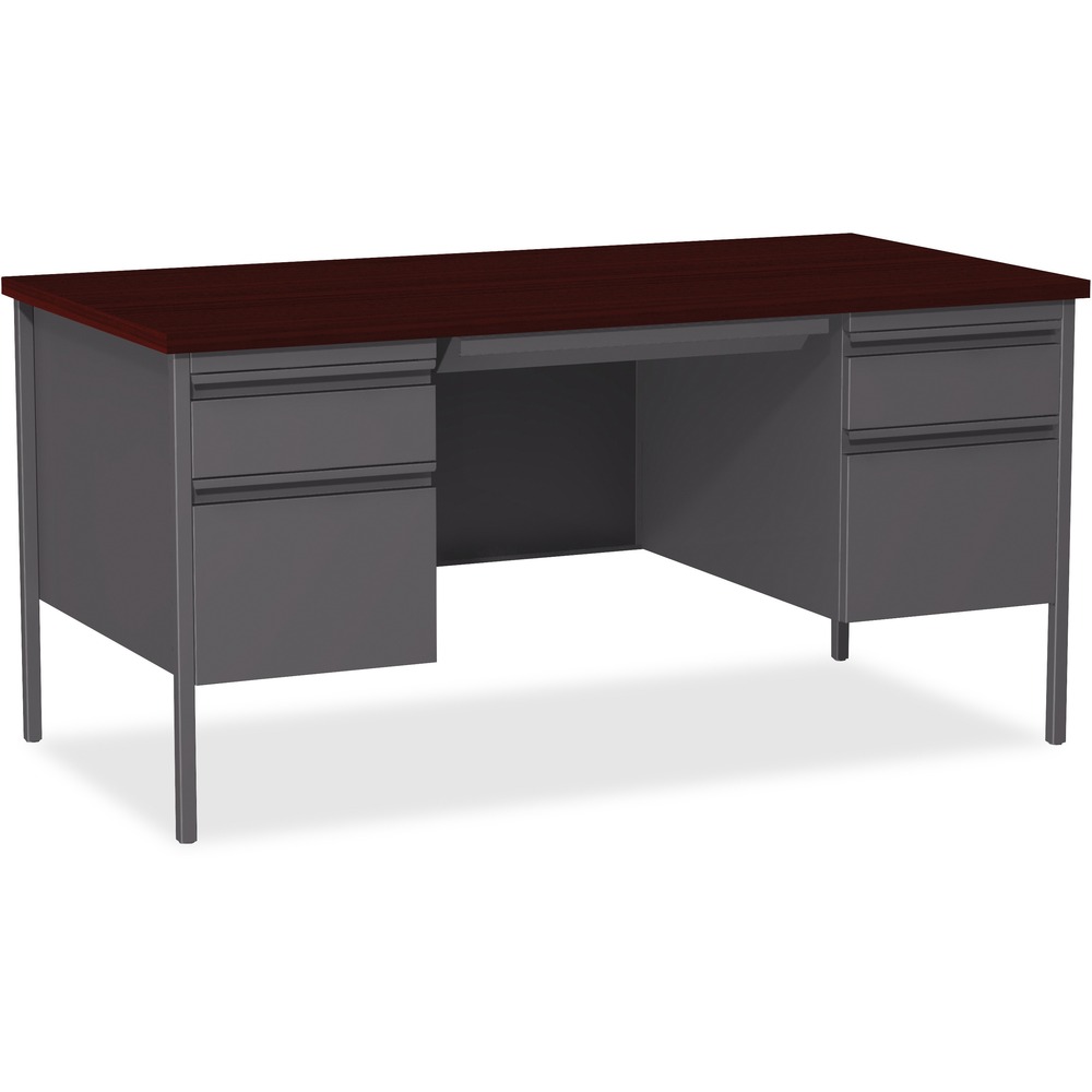 LLR60928 - Double-pedestal desk is part of the Lorell Fortress Series, a practical and professional desk solution ideal for business, government and educational offices. Durable, high-performance steel construction stands up to rigorous daily use. The 1-1/8" thick top with square edges features a Mahogany laminate surface that is scratch-resistant, stain-resistant and water-resistant. Design also features a 3/4-height modesty panel and box/file pedestal on both sides. Drawers lock and offer full-extension, ball-bearing slides and full-width, integrated drawer pulls. File drawers accommodate letter-size files. Central-locking center drawer features a core-removable lock. Two grommets offer easy cord management. Reinforced, double-frame inner structure keeps desk solid and sturdy for years of use. Steel desk in a charcoal color meets or exceeds ANSI/BIFMA standards.