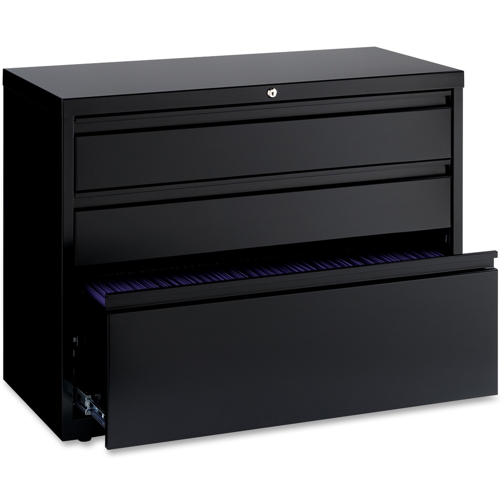 LLR60929 - Handy lateral file features three versatile drawers. File drawer includes hanging file rails for side-to-side filing in letter-size, legal-size or A4-size. Box drawers include two dividers for organize your supplies. All three drawers lock with a core-removable lock with dual locking bars. Drawers also feature full-width pulls and ball-bearing slide suspension. Use the included magnetic label holders for easy identification of drawer contents. Interlock system prohibits opening more than one drawer at a time. Counterweight prevents tipping. Steel construction has a baked enamel finish for durability. Lateral file also offers a reinforced base and four adjustable leveling glides to stabilize it on uneven surfaces. Lateral file meets or exceeds ANSI-BIFMA standards More from the Manufacturer
