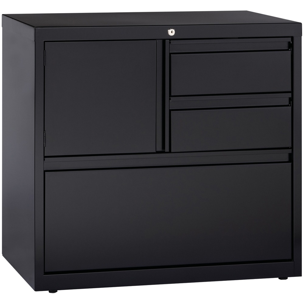 LLR60933 - Lateral file offers versatile storage options with a personal storage compartment, two box drawers and a file drawer. File drawer includes hanging file rails for side-to-side filing in letter-size, legal-size or A4-size. Storage compartment includes a grommet for cable management. All three drawers and compartment lock with a core-removable lock with dual locking bars. Drawers also feature full-width pulls and ball-bearing slide suspension. Use the included magnetic label holders for easy identification of drawer contents. Interlock system prohibits opening more than one drawer at a time. Counterweight prevents tipping. Steel construction has a baked enamel finish for durability. Lateral file also offers a reinforced base and four adjustable leveling glides to stabilize it on uneven surfaces. Lateral file meets or exceeds ANSI-BIFMA standards More from the Manufacturer