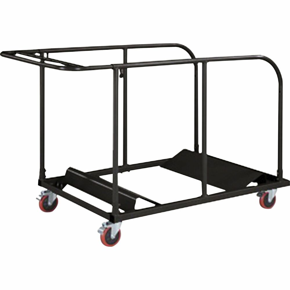 LLR65955 - Table cart stores and transports round planet tables up to 71" in diameter. Extractable vertical posts around the trolley immobilize the stacked tables. Wheels have individual brakes for sure stopping while carrying heavy loads. The sturdy steel construction features a powder-coat finish for durability. Cart holds up to 16 tables with a 48" diameter; 14 tables with a 60" diameter; or 13 tables with a 71" diameter.