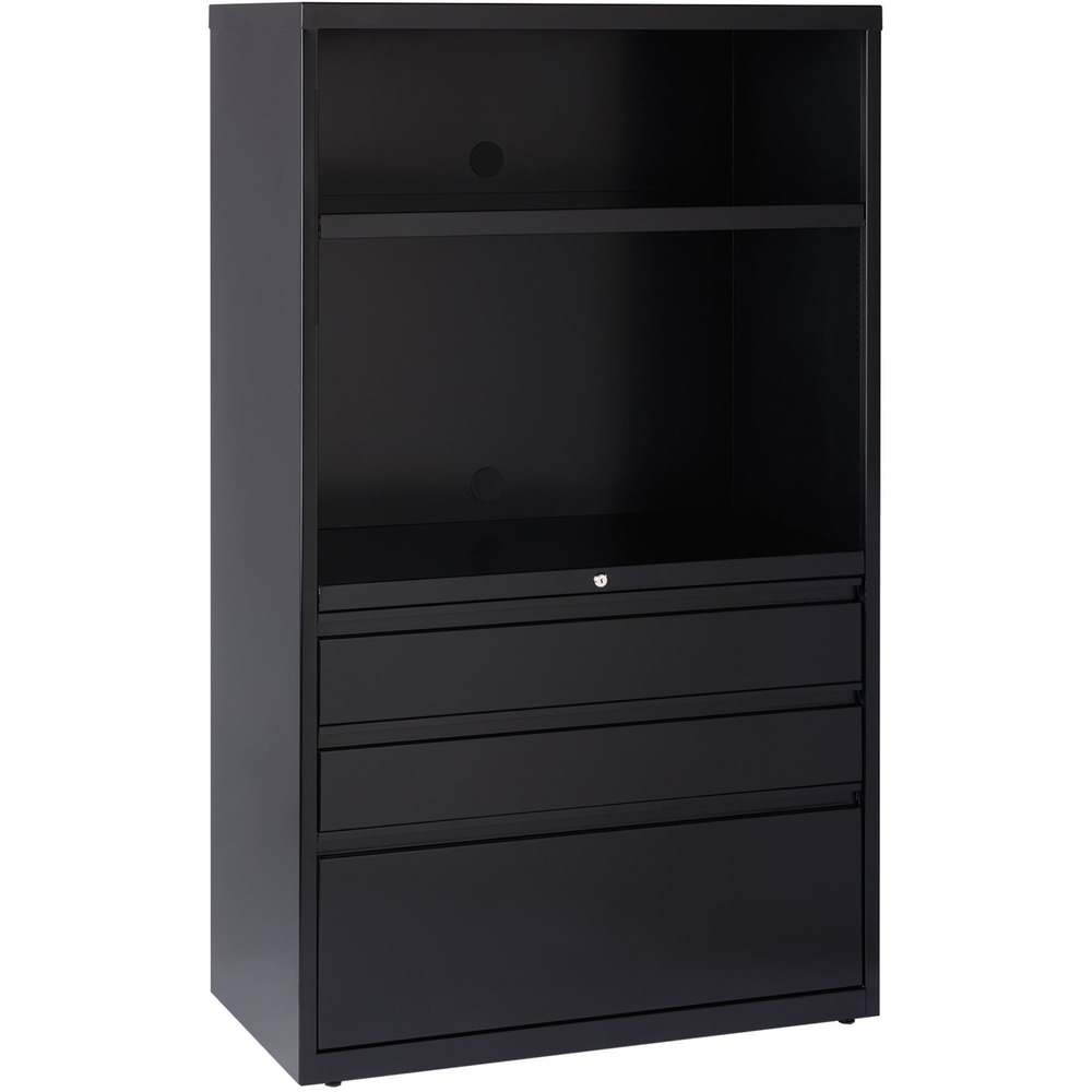 LLR66205 - Combo unit combines a lateral file, bookcase and printer stand in one space-saving design. The lateral file drawer is on the bottom under two box drawers, one fixed shelf and one adjustable shelf. Both shelves allow binder storage. The top shelf adjusts 8" so you can customize your display space. Two knockouts in back panel offer easy cable management. File drawer accepts letter-size, legal-size or A4-size hanging file folders. A core-removable lock with dual locking bars secures all the drawers. The drawers also feature full-width pulls and precision steel ball-bearing suspension. Steel construction has a baked enamel finish for durability. 36" wide combo unit is also equipped with adjustable leveling glides for stability on uneven surfaces and meets or exceeds ANSI/BIFMA standards. More from the Manufacturer
