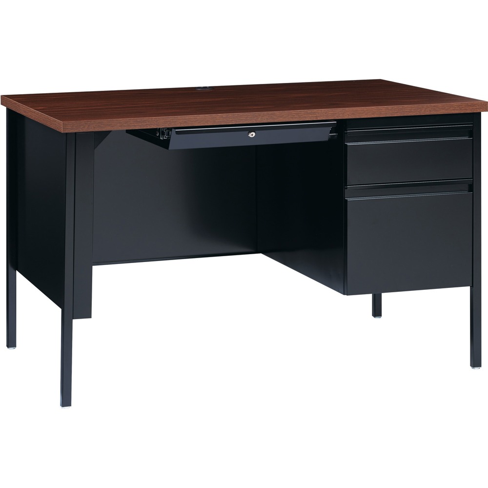 LLR66902 - 48" wide single-pedestal desk is part of the Lorell Fortress Series, a practical and professional desk solution ideal for business, government and educational offices. Use this right-pedestal desk with a Fortress left return for L-shaped configurations. Both have 3/4-height modesty panels for seamless lines. Durable, high-performance steel construction stands up to rigorous daily use. The 1-1/8" thick top with square edges features a Walnut laminate surface that is scratch-resistant, stain-resistant and water-resistant. Design also features a box/file pedestal on the right. Both drawers lock and offer full-extension, ball-bearing slides and full-width, integrated drawer pulls. File drawer accommodates letter-size files. Central-locking center drawer features a core-removable lock. Center grommet allows easy cord management. Reinforced, double-frame inner structure keeps desk solid and sturdy for years of use. Steel desk in black meets or exceeds ANSI/BIFMA standards.