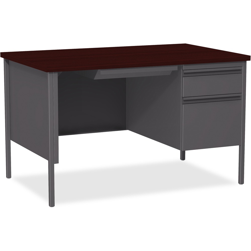 LLR66903 - 48" wide single-pedestal desk is part of the Lorell Fortress Series, a practical and professional desk solution ideal for business, government and educational offices. Use this right-pedestal desk with a Fortress left return for L-shaped configurations. Both have 3/4-height modesty panels for seamless lines. Durable, high-performance steel construction stands up to rigorous daily use. The 1-1/8" thick top with square edges features a Mahogany laminate surface that is scratch-resistant, stain-resistant and water-resistant. Design also features a box/file pedestal on the right. Both drawers lock and offer full-extension, ball-bearing slides and full-width, integrated drawer pulls. File drawer accommodates letter-size files. Central-locking center drawer features a core-removable lock. Center grommet allows easy cord management. Reinforced, double-frame inner structure keeps desk solid and sturdy for years of use. Steel desk in a charcoal color meets or exceeds ANSI/BIFMA standards.