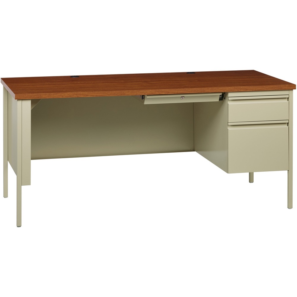 LLR66904 - 66" wide single-pedestal desk is part of the Lorell Fortress Series, a practical and professional desk solution ideal for business, government and educational offices. Use this right-pedestal desk with a Fortress left return for L-shaped configurations. Both have 3/4-height modesty panels for seamless lines. Durable, high-performance steel construction stands up to rigorous daily use. The 1-1/8" thick top with square edges features an Oak laminate surface that is scratch-resistant, stain-resistant and water-resistant. Desk design also features a box/file pedestal on the right. Both drawers lock and offer full-extension, ball-bearing slides and full-width, integrated drawer pulls. File drawer accommodates letter-size files. Central-locking center drawer features a core-removable lock. Two grommets allow easy cord management. Reinforced, double-frame inner structure keeps desk solid and sturdy for years of use. Steel desk in a putty color meets or exceeds ANSI/BIFMA standards.