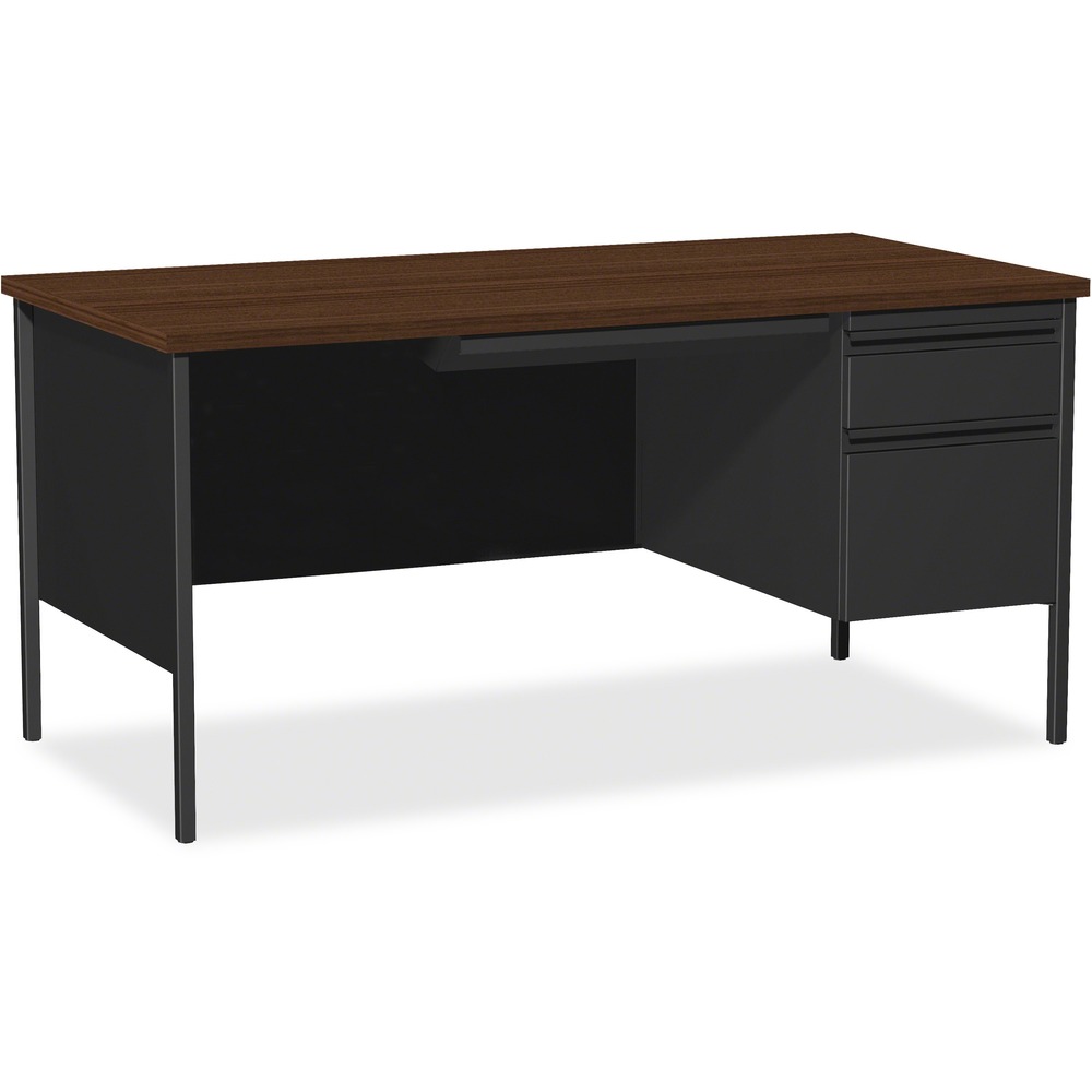 LLR66905 - 66" wide single-pedestal desk is part of the Lorell Fortress Series, a practical and professional desk solution ideal for business, government and educational offices. Use this right-pedestal desk with a Fortress left return for L-shaped configurations. Both have 3/4-height modesty panels for seamless lines. Durable, high-performance steel construction stands up to rigorous daily use. The 1-1/8" thick top with square edges features a Walnut laminate surface that is scratch-resistant, stain-resistant and water-resistant. Desk design also features a box/file pedestal on the right. Both drawers lock and offer full-extension, ball-bearing slides and full-width, integrated drawer pulls. File drawer accommodates letter-size files. Central-locking center drawer features a core-removable lock. Two grommets allow easy cord management. Reinforced, double-frame inner structure keeps desk solid and sturdy for years of use. Steel desk in black meets or exceeds ANSI/BIFMA standards.