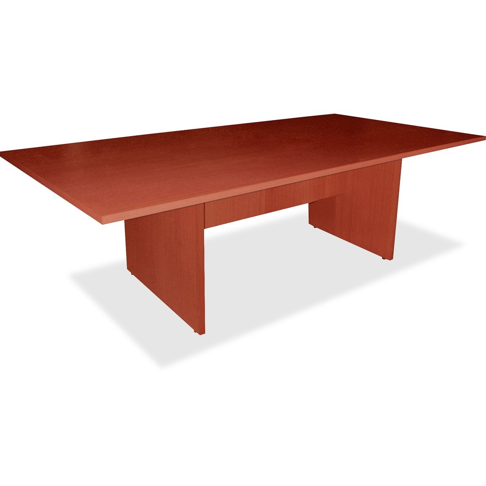 LLR87374 - Part of the Lorell Essentials Series, this rectangular conference table offers a stylish meeting space. Included top and base feature a Cherry laminate finish. Cam covers are included for all exposed assembly hardware. The 1" thick top has 3.0 mil thick edge and modesty panel. Two-panel leg base includes adjustable floor guides and hardware.
