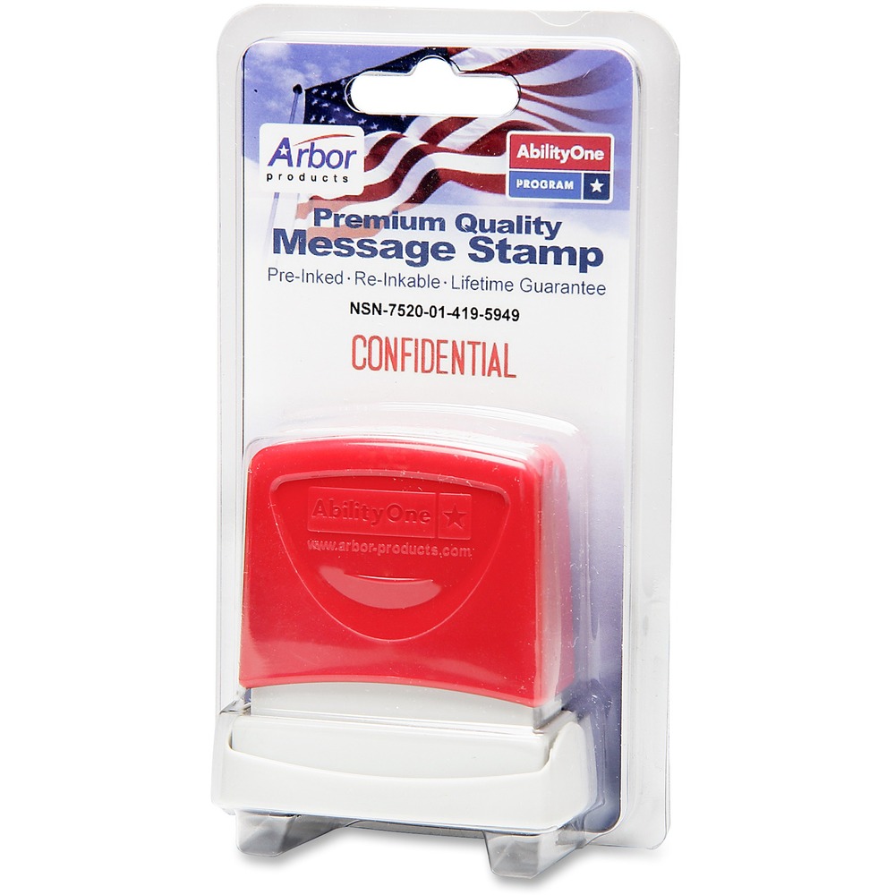 NSN4195949 - Pre-inked, re-inkable message stamp features the eye-catching message, CONFIDENTIAL, and delivers 50,000 red impressions with no ink pad. Retractable frame keeps stamp surface away from desktop until ready to use. Impression size is 1/2" x 1-5/8".