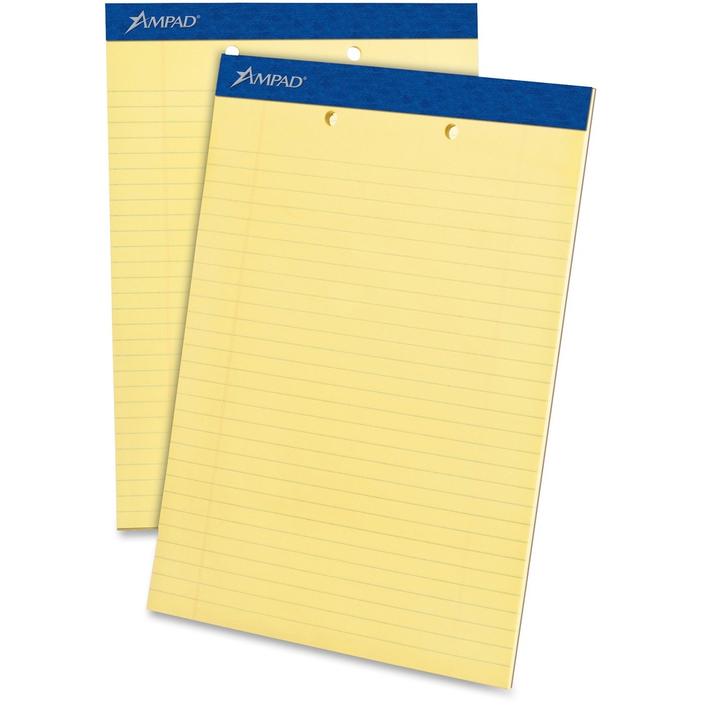 TOP20224 - Pad features 50 letter-size sheets of quality writing paper that are two-hole punched. Sturdy chipboard back provides writing support. Dark blue header strip is attached with strong staples. Perforated pages in pad allow neat, no-tear sheet removal. Each legal/wide-ruled sheet has 11/32" line spacings and a 1-1/4" left margin.