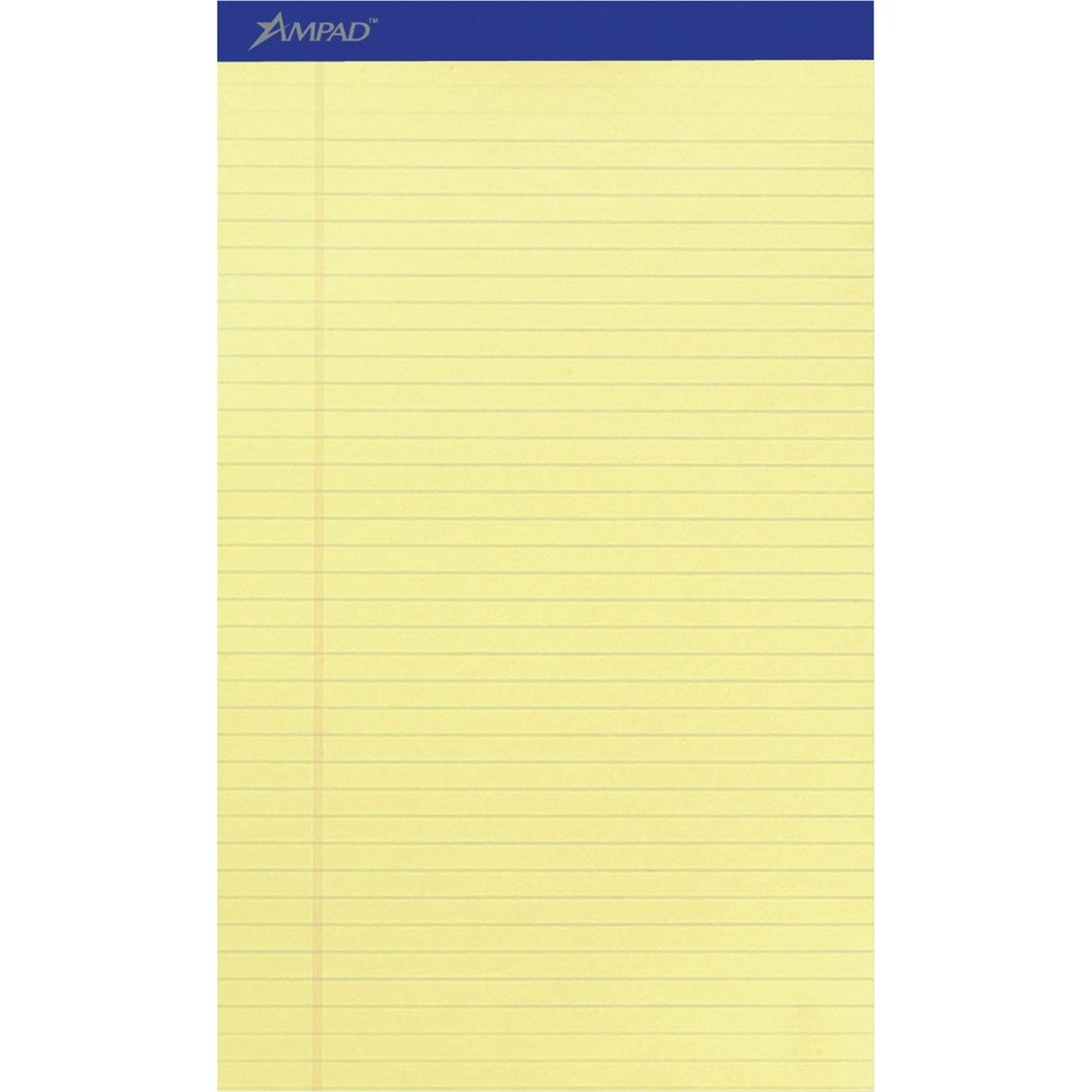 TOP20230 - Pad features 50 legal-size sheets of quality, yellow writing paper and a sturdy chipboard back. Dark blue header strip is attached with strong staples. Perforated pages in pad allow neat, no-tear sheet removal. Each legal/wide-ruled sheet has 11/32" line spacings and a 1-1/4" left margin.