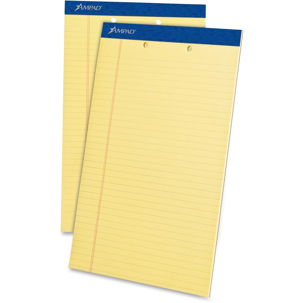 TOP20233 - Pad features 50 legal-size sheets of quality, yellow writing paper that is two-hole punched. Sturdy chipboard back offers writing support. Dark blue header strip is attached with strong staples. Perforated pages in pad allow neat, no-tear sheet removal. Each legal/wide-ruled sheet has 11/32" line spacings and a 1-1/4" left margin.