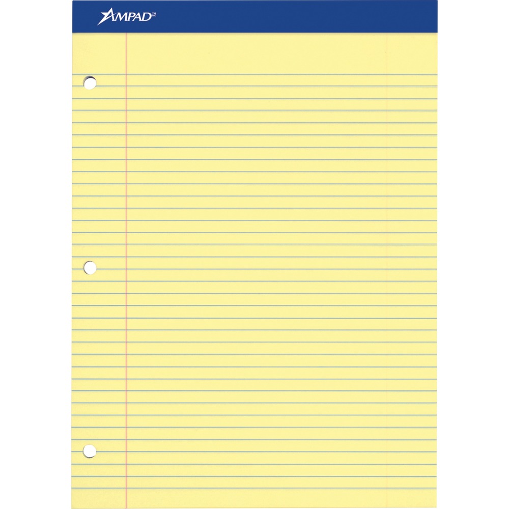 TOP20243 - Perforated writing pad features 100 letter-size sheets of quality, 15 lb. yellow paper. Each sheet is three-hole punched for binder storage. Sheets are also legal/wide-ruled with 11/32" line spacings and a 1-1/4" left margin. Perforations allow a clean-edge tear-out. Super stiff, 80 point, chipboard back provides writing support for handheld use.