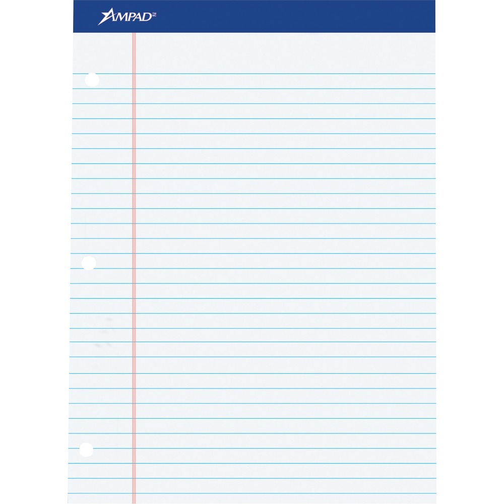 TOP20244 - Perforated writing pad features 100 letter-size sheets of quality, 15 lb. white paper. Each sheet is three-hole punched for binder storage. Sheets are also legal/wide-ruled with 11/32" line spacings and a 1-1/4" left margin. Perforations allow a clean-edge tear-out. Super stiff, 80 point, chipboard back provides writing support for handheld use.