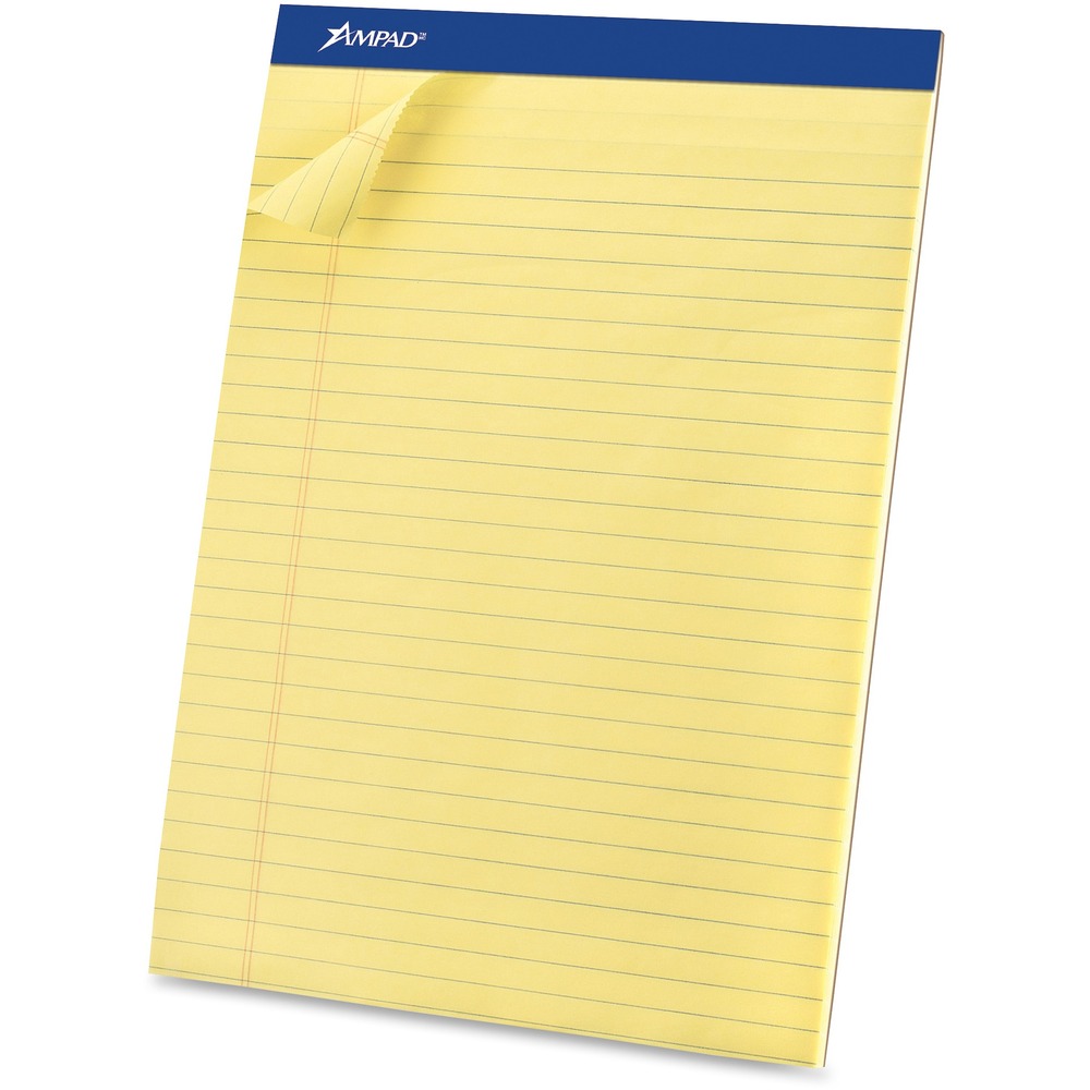 TOP20260 - Pad features 50 legal-size sheets of quality, yellow writing paper. Sturdy chipboard back provides writing support. Dark blue header strip is attached with strong staples. Perforated pages in pad allow neat, no-tear sheet removal. Each legal/wide-ruled sheet has 11/32" line spacings and a 1-1/4" left margin.