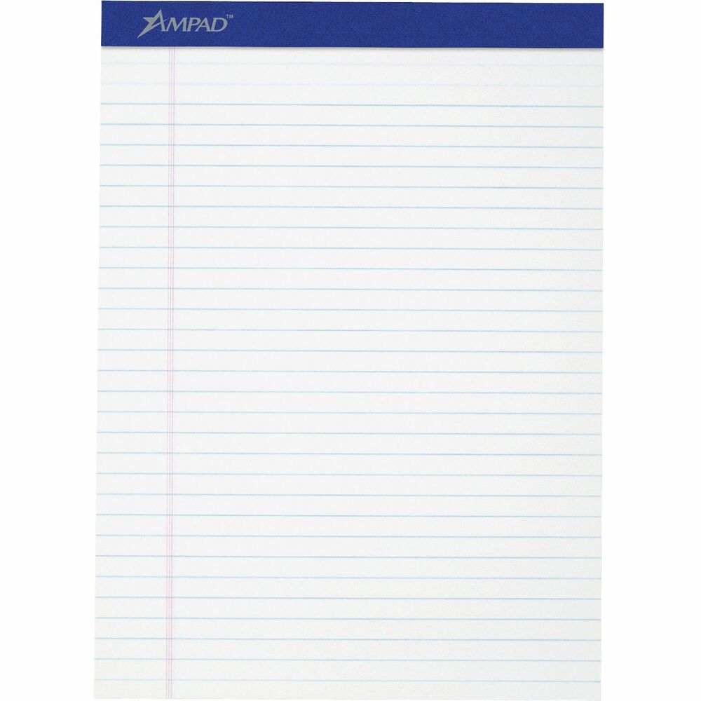 TOP20320 - Pad features 50 letter-size sheets of white writing paper and sturdy, 40 point, chipboard back. Dark Blue header strip is attached with strong staples. Perforated pages in pad allow neat, no-tear sheet removal. Each legal/wide-ruled sheet has 11/32" line spacings and a 1-1/4" left margin.