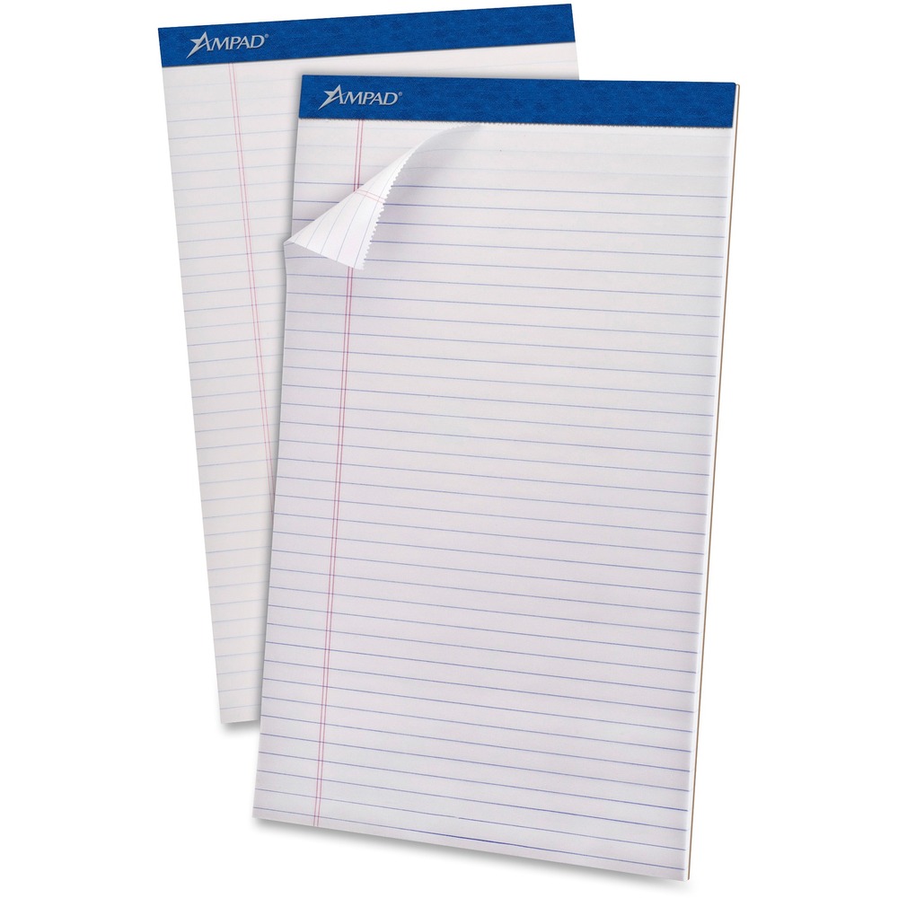TOP20330 - Pad features 50 legal-size sheets of white writing paper and sturdy, 40 point, chipboard back. Dark blue header strip is attached with strong staples. Perforated pages in pad allow neat, no-tear sheet removal. Each legal/wide-ruled sheet has 11/32" line spacings and a 1-1/4" left margin.