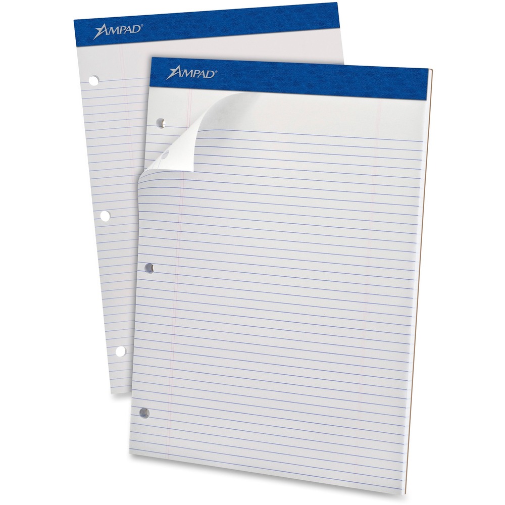 TOP20346 - Perforated writing pad features 100 letter-size sheets of quality, 15 lb. white paper. Each sheet is three-hole punched for binder storage. Sheets are legal/narrow-ruled with 1/4" line spacings and a 1-1/4" left margin. Perforations allow a clean-edge tear-out. Super stiff, 80 point, chipboard back provides writing support for handheld use.